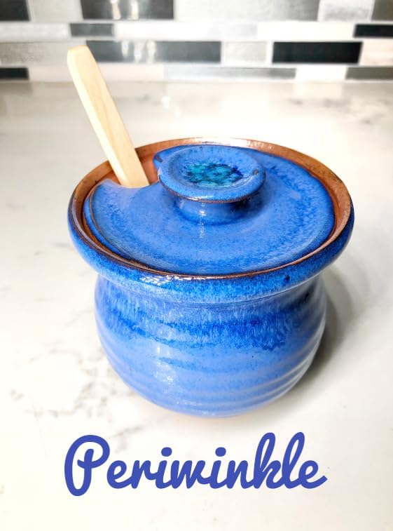 Handmade Ceramic Honey Jar with Dipper, Glazed Sugar Dish Pottery Container, Kitchen Counter Storage, Christmas Gift for Home Cooks (Emerald Green, Dipper for honey)