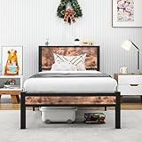 HOMERECOMMEND Twin Bed Frame with Wood Storage Headboard,Platform Bed Frame Twin Size,Strong Slats Mattress Foundation,Easy Assembly,Black+Vintage Brown