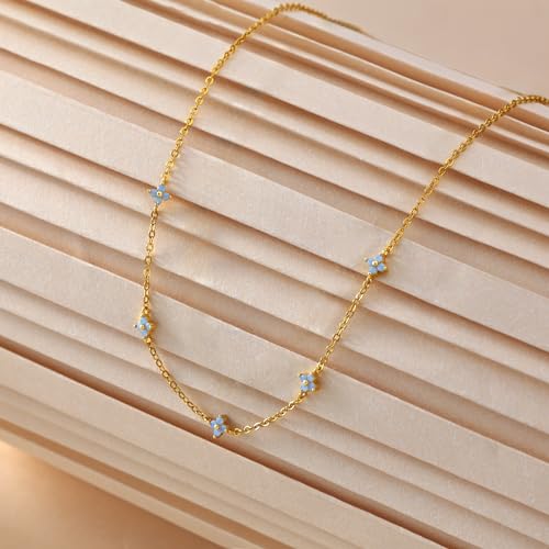 Freekiss Gold/Silver Necklace for Women, Dainty Chain Necklace 14K Gold Plated Station Choker Necklace Non Tarnish Small Cute Clover Flower CZ Diamond Necklaces Jewelry for Women Gifts3