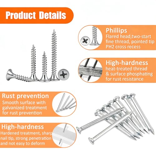 Image of Dianrui Nails & Wood Screws Assortment Kit, 320 PCS #6#8 Philips Drywall Screws Set and High Hardness Hardware Small Nails for Picture Hanging /DIY Repair Project Length 1 /2 inch to 2 inch
