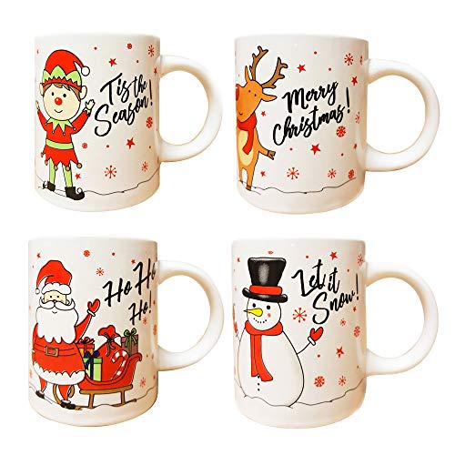 Festive Party Set of 4 Xmas Mugs - Home & Office Tea & Coffee Cups - Ceramic Winter Tableware