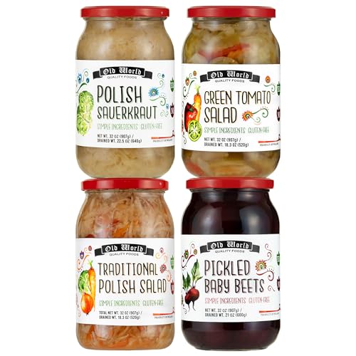 Jars Lover Set â€“ Four 32 Oz Jars of Pickled Vegetables includes Polish Salad, Pickled Baby Beets, Polish Barrel Sauerkraut, Green Tomato