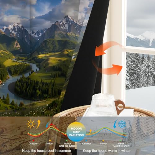 Rideaux occultants 140x240 vert paysage de montagne 2 pièces