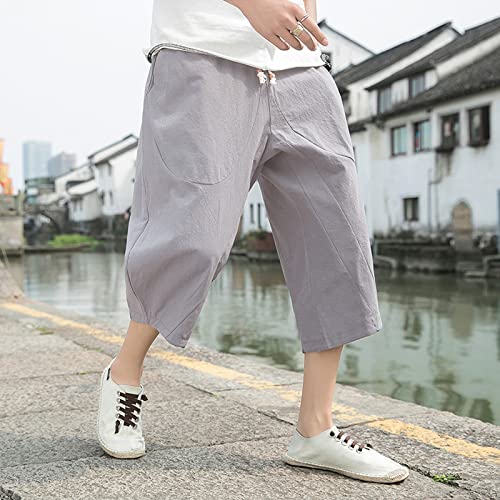 WENKOMG1 Cotton Linen Shorts for Men,Casual Loose Solid Japanese Trunks Adjustable Waist Calf Length Cropped Trousers2