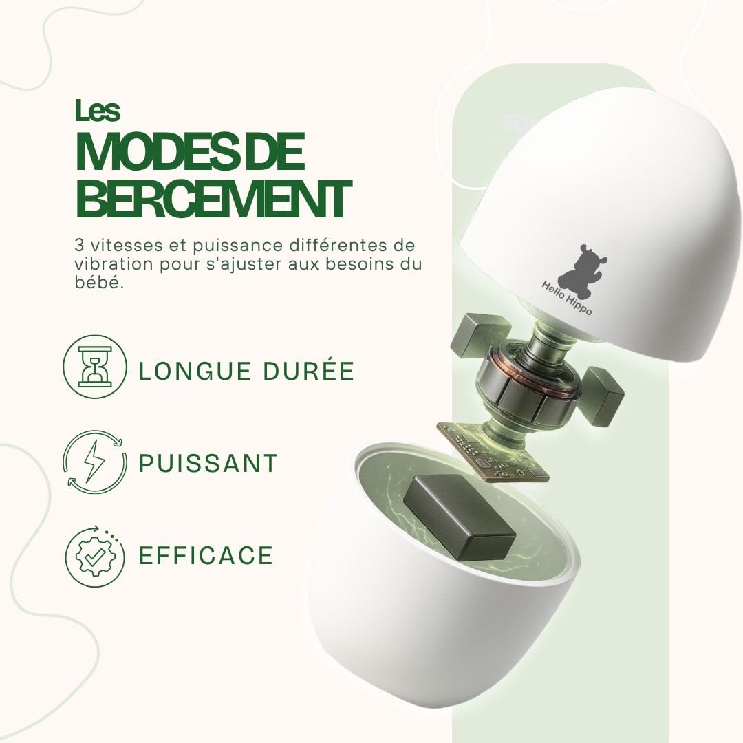 Hello Hippo - Berceur bébé automatique USB-C rechargeable – Baby Rocker - Aide au sommeil pour toute poussette cane nacelle, landau – 3 vitesses– Silencieux, compact, fixation universelle, nomade