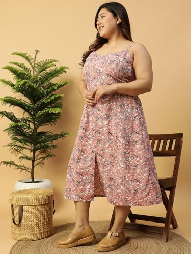 Image of Women Plus Size Pink Floral Print A-Line Sleeveless Summer Midi Dress & Maxi 2XL /3XL /4XL /5XL /6XL /7XL /8XL.