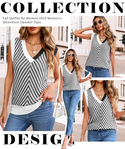 Image of MARZXIN Women Sleeveless Sweater V Neck Casual 2026 Fall Knitted Chevron V Neck Sweater Vest Color Block Pullover Sweater Top