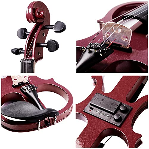 4/4 Electric Violin, Full Size Right Hand Electric Wood Silent Violin With Fiddle Musical Instrument Fittings Headphone, Electric Violin Kit (Red) #TOP2