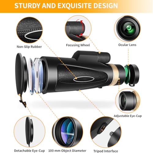undefined Monocular Telescope 80x100 HD Monoculars for Adults with Tripod & Phone Adapter, Monoculars for Bird Watching Stargazing Camping Hiking Hunting Wildlife Travel-Black の商品画像 1