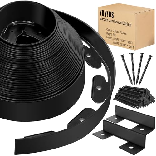 YUYIUS Landscape Edging - 2” Tall Garden Edging Border with 30 Stakes, 20FT No Dig Lawn Edging for Landscaping for Garden Bed, Yard, 0.15' Thick Flower Bed Border Edging with Connector for Outdoor