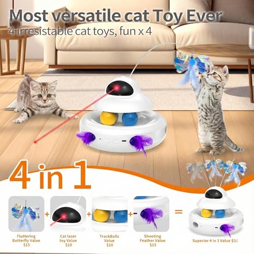 MOHAYA Cat Toys,4-in-1 Interactive Cat Toy for Indoor Cats with Laser, Fluttering Butterfly, Moving Feather and Track Balls - USB Rechargeable Self-Play Kitten Toy (White) - Image 4