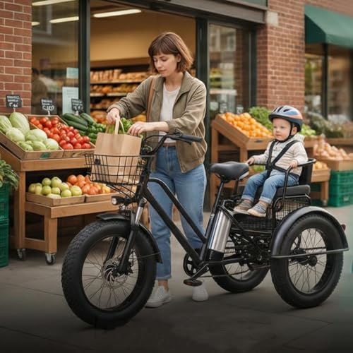 ZhouBSM Triciclo Eléctrico De 20 Pulgadas con Neumáticos Anchos para Adultos - Carga Máxima De 200 Kg, Bicicleta De Carga Eléctrica, para Niños, Batería Extraíble De 48 V/12 Ah