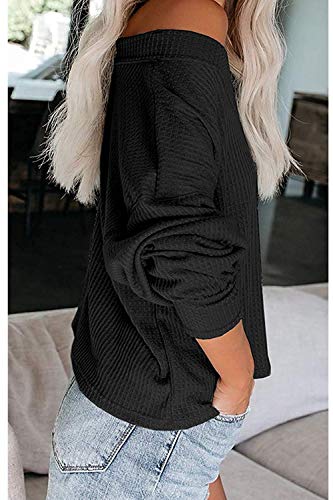 ReachMe Women's Oversized Off Shoulder Pullover Tops Long Sleeve Loose Fit Waffle Knit Tops(Black,L)