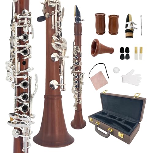 YoungMonic Clarinete plano jacarandá com teclas prateadas e 2 barris quentes, tom rico para solo e conjunto, inclui estojo rígido profissional e kit completo de cuidados (x2)