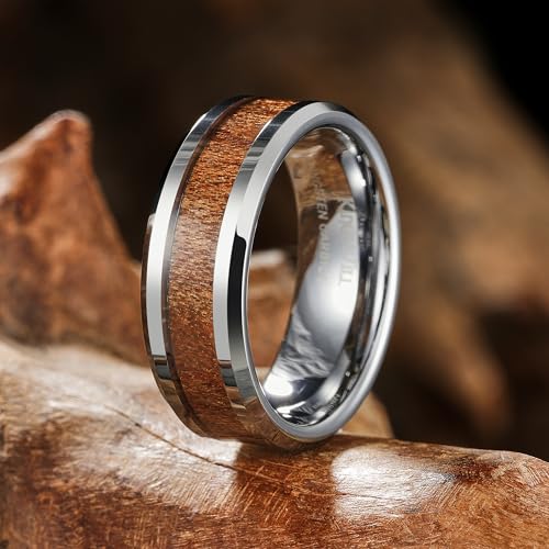 King Will Nature Koa Wood Inlay Tungsten Carbide Wedding Ring 8mm Silver/Black/Gold/Green/Rose Gold/Blue Wedding Band for Men High Polished Anniversary Rings Comfort Fit Size 6-152