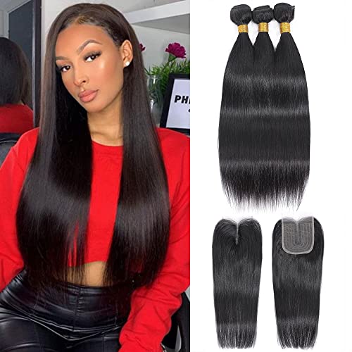Kapelli Hair Brazilian Virgin Hair Straight Hair Bundles With Closure 20 22 24+20 Inch, 10A Straight Human Hair Bundles With Closure 4X4 Lace Closure Virgin Remy Hair Bundles with Closure