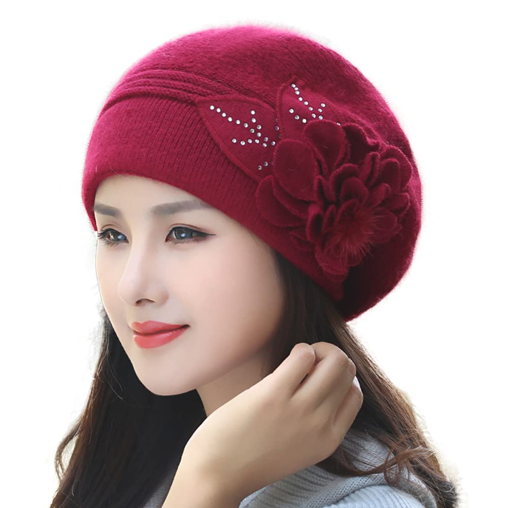Winter Winter Warm Hats Women Daily Beanie Beanies Rabbit Fur Knitted Hat with Rhinestones