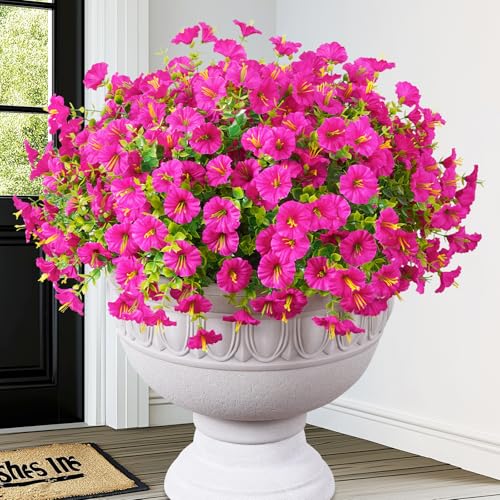 MARTINE MALL 12 Bundles Look Real Artificial Flowers for Outdoors Realistic Fake Outdoor Flowers UV Resistant Silk Petunia Flowers for Outside Faux Flowers Plants for Outdoor Porch Fuchsia