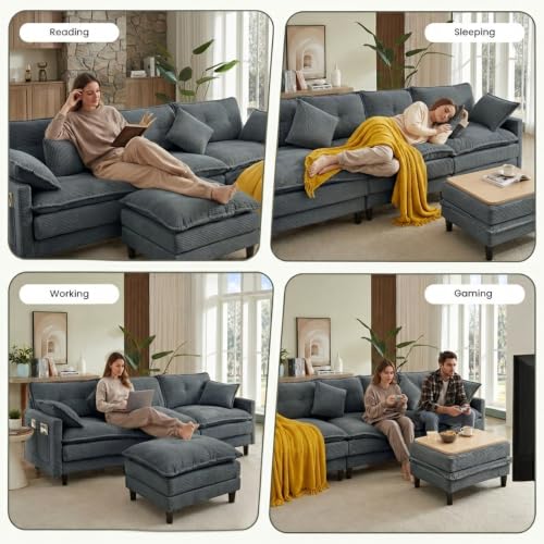 Image of 107.3 inch L-Shaped Modular Sectional Sofa with Storage Ottoman, 3-Seat Deep Seat Corduroy Cloud Sofa with 4 Throw Pillows, Cloud Couch for Living Room, Bedroom, Apartment, Tool-Free Assembly, Grey