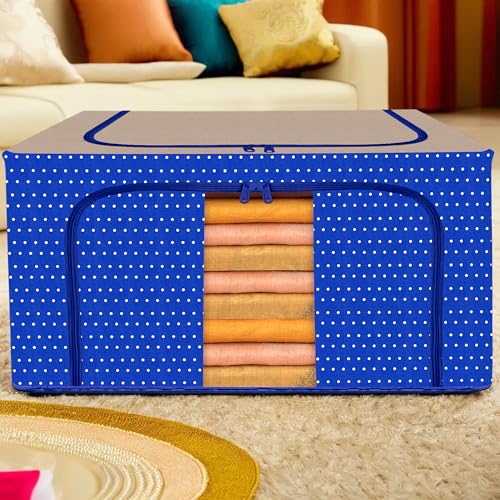 Image of Kuber Industries 88 Liter Clothes Storage Box | Foldable Steel Frame Clothes Organizer | Storage Box For Wardrobe-Saree-Shirts And Blankets | Underbed Storage Bag | Dot Print | Royal Blue