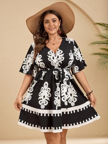 Image of SCOMCHIC Women's Plus Size Summer Dresses Short Sleeve Wrap V Neck A Line Skater Mini Short Dress XL-4XL