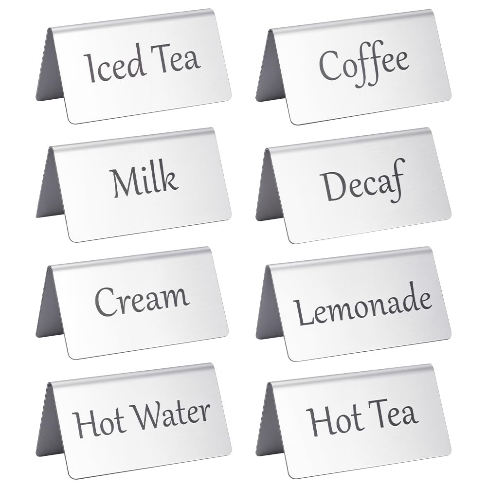 UNICRAFTALE 8Pcs Stainless Steel Tables Tent Sign for Restaurant Tables Beverage Signs Double Sided Table Sign Coffee and Tea Table Display for Wedding Party Buffet