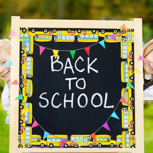 Image of Whaline 32.8 Ft School Bus Bulletin Board Borders Yellow Cartoon Bus Die-Cut Rolled Border Trim for Back to School Classroom Home Chalkboard Decoration