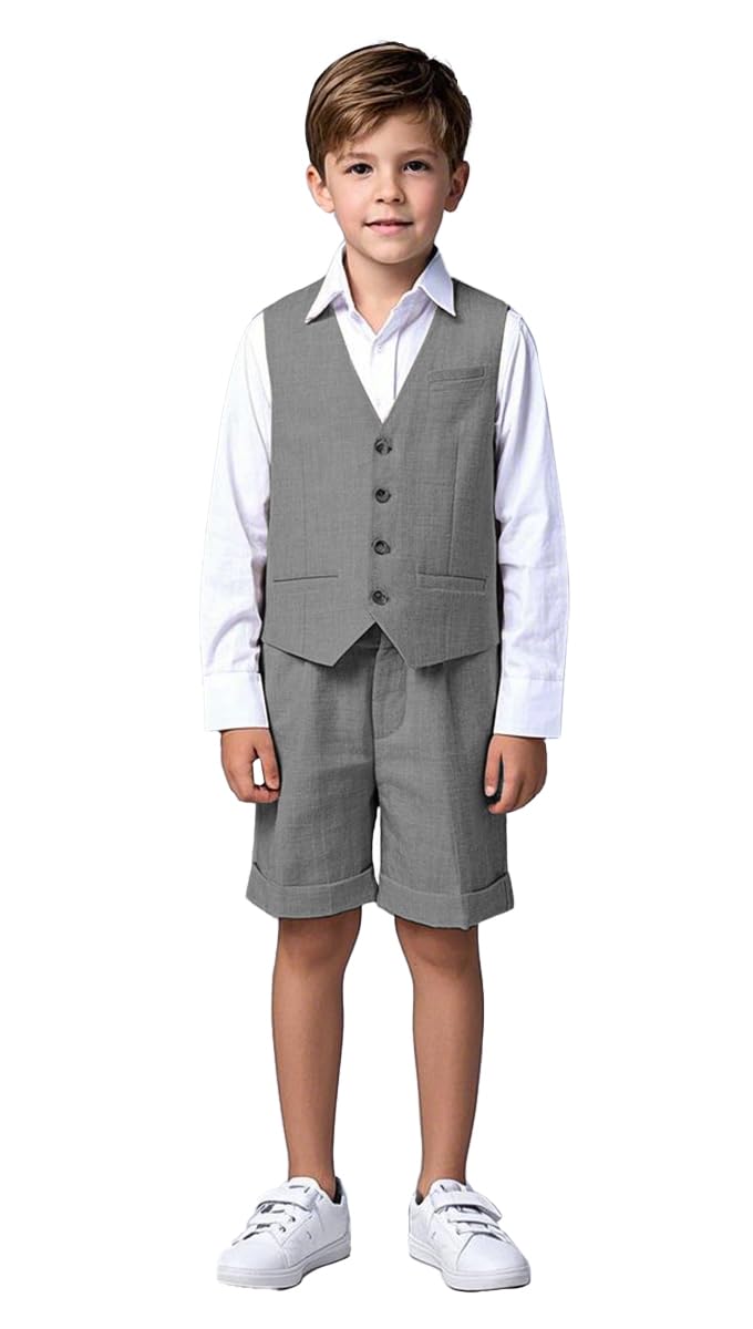 Traje de lino de 2 piezas para niños, chaleco y pantalones cortos, verano, playa, boda, esmoquin, traje formal para portador de anillos, gris, 16 años