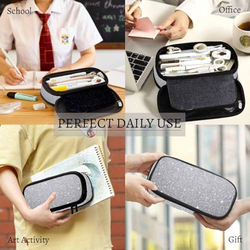 Image of Yekiua Silver Glitter (printed) Pencil Pouch Abstract Monochrome Silver Bokeh High Capacity Pencil Case Stationary Bag Cosmetics Bag
