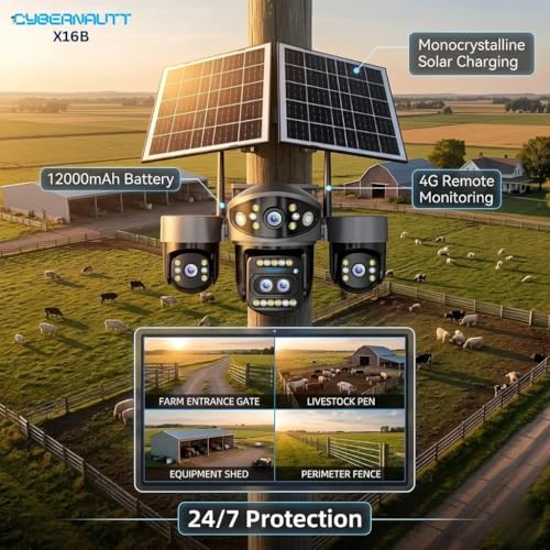 Image of Xuga Cybernautt X16B 4G Solar Security Camera | 16MP Four Lens, 10x Zoom, 355 Pan-Tilt | 12000mAh Battery Wireless Outdoor Camera with H.265+, Two-Way Audio, Cloud /SD Storage
