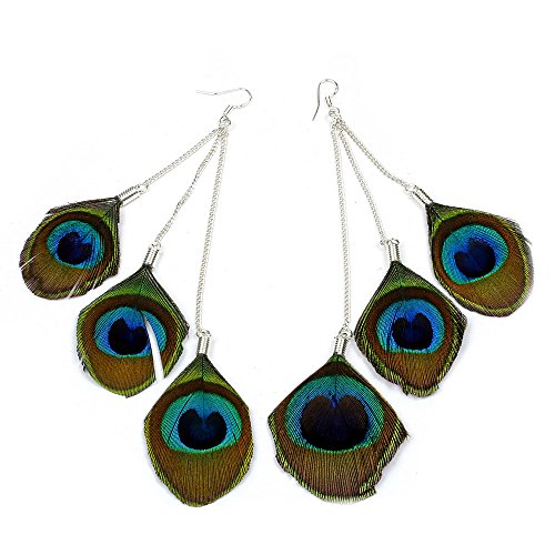 Runheng Longues boucles d'oreilles pendantes faites à la main en forme de plume de paon sur crochet en argent vintage