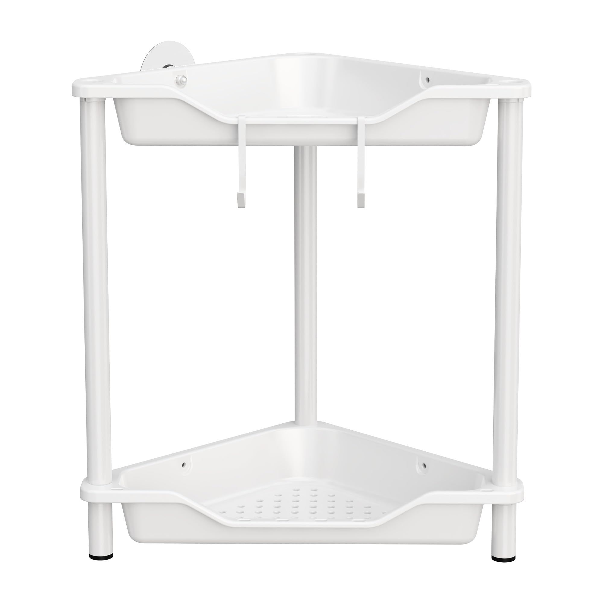 Orimade Rustproof 2 Tier Floor Standing Corner Shower Caddy Organizer, Plastic Metal Splicing Floor Corner Shelf Rack Stands for Bathroom, White