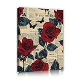 ヴィンテージインスピレーションキャンバスウォールアート赤いバラの蝶と新聞アートプリント寝室リビングルームキッチン壁装飾65x98cmインナーフレーム