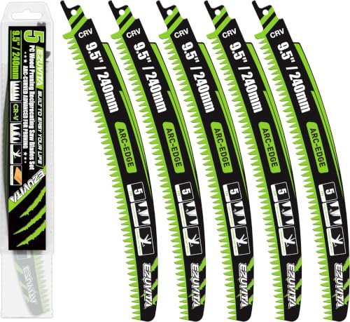 Image of 9.5-Inch Arc Curved Reciprocating Saw Blades Set with Storage Box | 5 Pieces, 5 TPI, CR-V Steel, Extended Arc Edge, Triple-Ground Teeth, Universal Shank for Tree Trimming & Wood Pruning