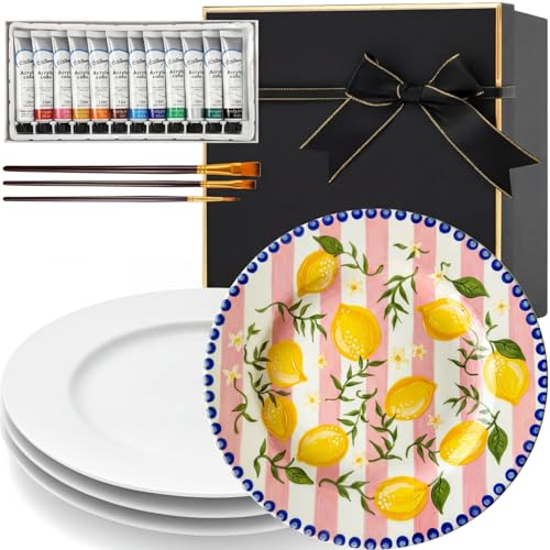 Vesici 4 Pcs Paint Your Own Ceramic Plate Kit for Adults DIY Pottery Painting Kit with Paints & Brushes Date Night & Couples Activity Creative Birthday Gift Set (8 Inch Modern Luxe)