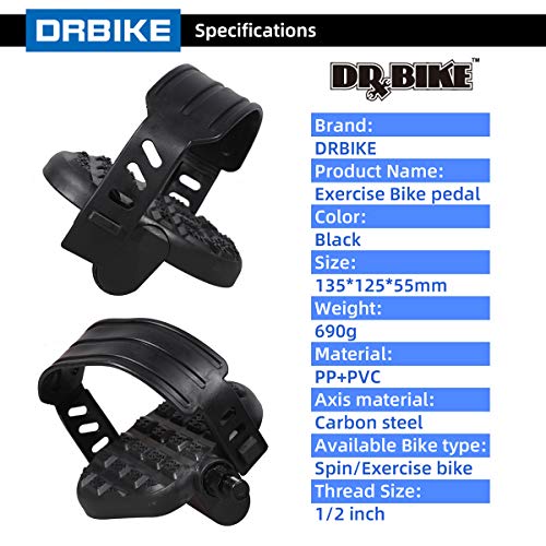 DRBIKE Stationary Bike Pedals - 1/2\" Bike Pedals for, Recumbent, Exerciser Bicycle with 1 1Pair Adjustable Strap/Teo Clip, Black