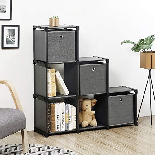 SONGMICS Ladder Storage Unit 6 Cubes with 3 Storage Boxes DIY Closet Organiser Multifunctional with Modular Sturdy Metal Frame Includes Rubber Mallet 105 x 30 x 105 cm (W x D x H) Black LSN23BK