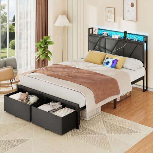 Image of Furnulem Full Size Bed Frame with 2 Storage Drawers & Upholstered Headboard | Metal Platform Bed with Storage Shelf, Charging Station, LED Lights and Heavy-Duty slats, No Spring Box Needed, Noise-Free