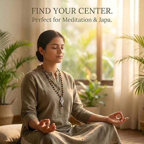 Image of Gratify Original Rudraksha & Karungali Mala 8mm 54 Beads with Shiva Trishul OM Pendant | Authentic Ebony Wood Spiritual Necklace for Protection, Meditation, Focus & Positive Energy | Unisex
