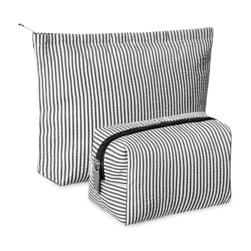 Image of Huhumy 2 Pcs Makeup Bag Set Cute Cosmetic Pouch for Women Seersucker Travel Toiletry Bag Preppy Small Makeup Purse Pouch Aesthetic Skincare Brushes Storage Organizer for Valentine Women(Black)
