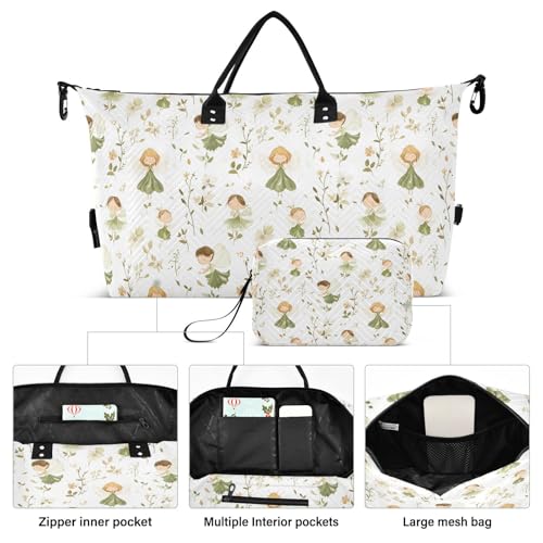 Travel Gym Bag, Fairy Flowers Green Weekender Overnight Duffle for Women with Toiletry Bag Travel Swim2