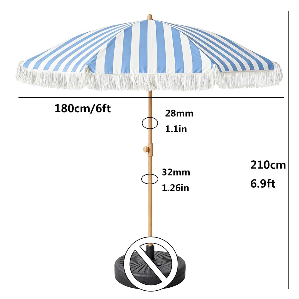 Generisch 180 cm Boho Streifen Strand Sonnenschirm mit Fransen, Neigbarer Gartenschirm mit Höhenverstellbarem Mast für Pool, Garten, Terrasse(Green Stripe)
