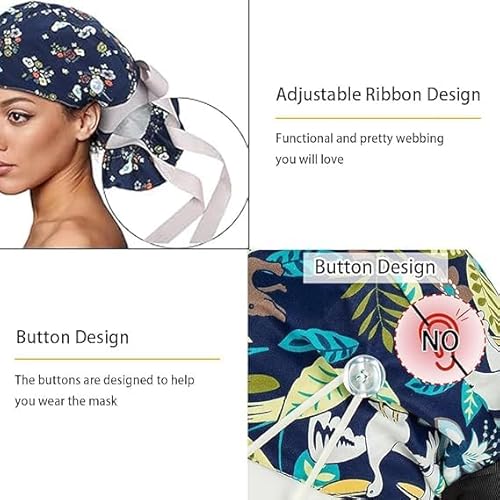 6PCS Op Hauben Damen mit Satinfutter, Op Haube Stoff Verstellbar mit Knopf, Pferdeschwanz Arbeitskappe Mit Schweißbandkapuzen, Baumwolldruck Chirurgische, Kochmütze, Staubhauben Kappe, Einheitsgröße