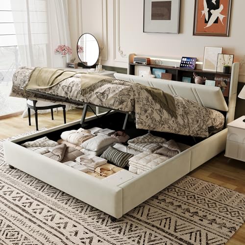 NFHVlo Cama Canapé 140x200 cm con Elevación de Gas, Cabecero con Estante y Espacio Secreto, LED, USB-C, Estable 500kg (Sin Colchón)