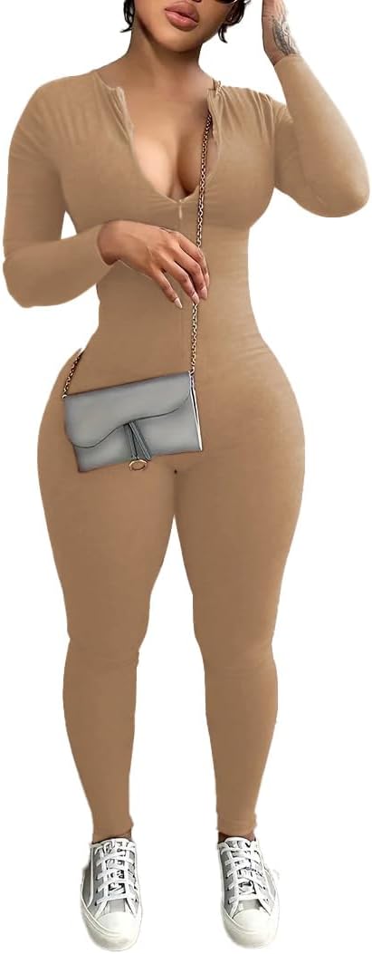 YeGine Women Long Sleeve Bodycon Jumpsuit Sexy Rompers One Piece Zip Up jumpsuits