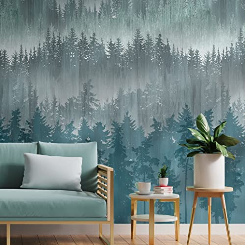 Livingwalls Travel Styles Papier peint non tissé Motif forêt Bleu et gris – Papier peint mural scandinave pour différentes pièces 1,59 m x 2,80 m