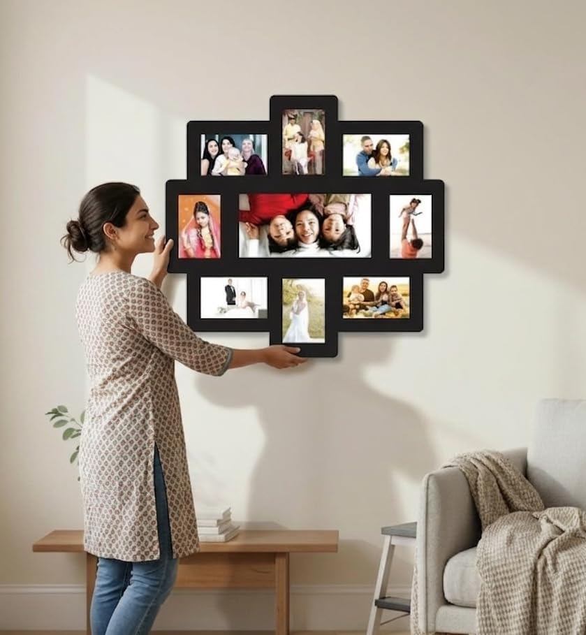 Image of Creative Arts n Frames One Piece Joint less Wooden Multi Picture Collage Photo Frame Home Decor Items Wall Decoration for living room Gift (Photo frame 9 Picture 12x6 Middle 23.5X23.5)