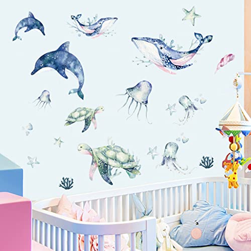 Mulaibdin 33 Pcs Watercolor Ocean Creature Wall Decal, Aesthetic Wall Stickers Wall Decor For Bedroom Living Room, Peel And Stick Wallpaper, Room Decor For Kids Bedroom, Dolphin Turtle Octopus Whale #TOP2