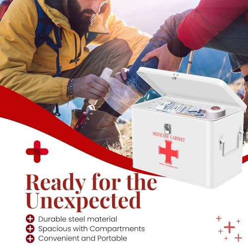 Image of Flexzion First Aid Box Organizer Empty with Lock - 13 inch White Vintage First Aid Kit Tin Metal Medical Box - First Aid Storage Bin Container with Dividers, Removable Tray and Red Cross Logo