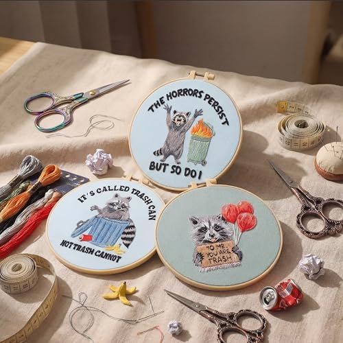 Image of Mindsoft 3 Set Needlepoint Kit for Beginners with Hoop,Raccoon